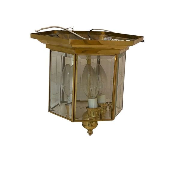 Vintage 3 Light Solid Brass with Clear Beveled Cross-Hatch Glass  Flush Mount Ce - Picture 4 of 7